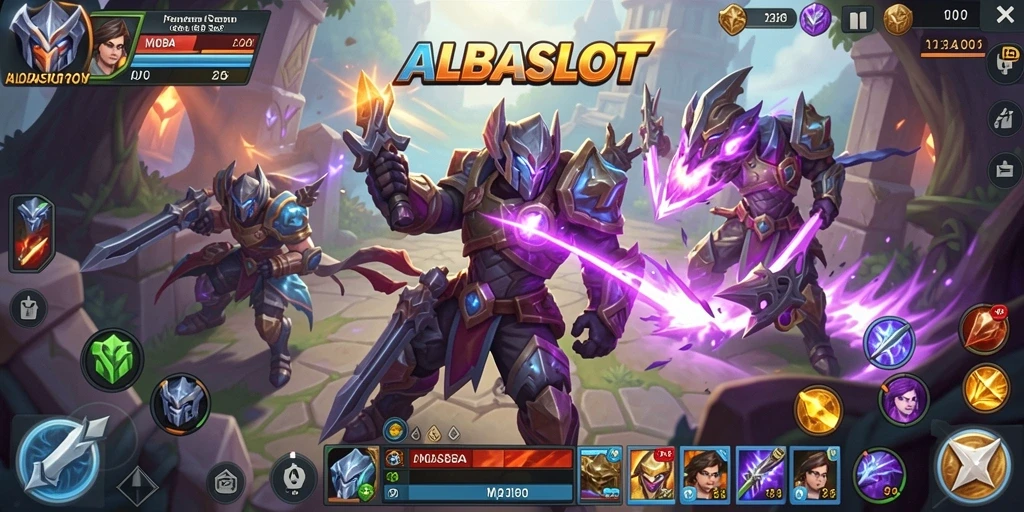 Tampilan utama gameplay ALBASLOT yang mendebarkan dalam pertempuran MOBA.