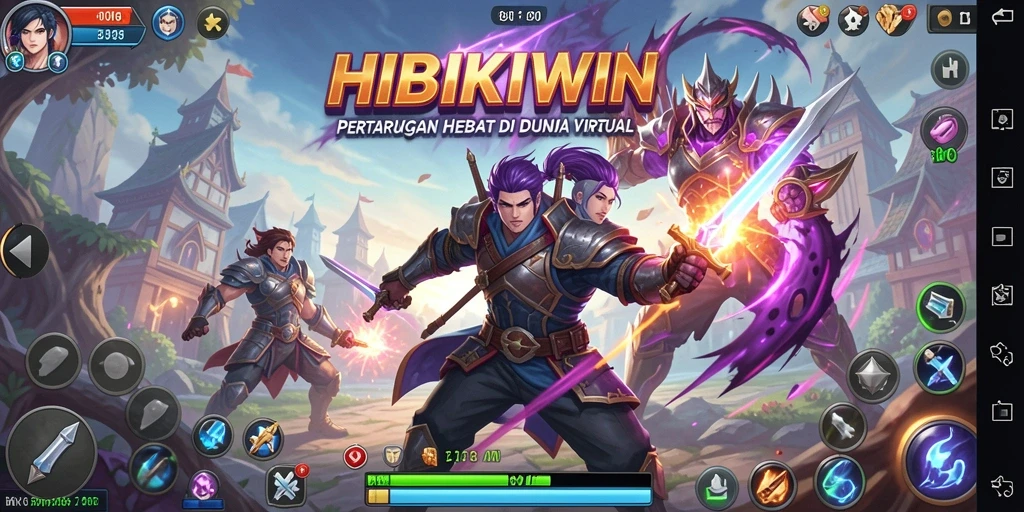 Tampilan utama HIBIKIWIN menunjukkan pertarungan seru antar karakter di arena.