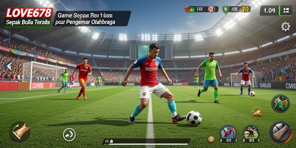 Screenshot gameplay LOVE678 menampilkan aksi seru di lapangan sepak bola.