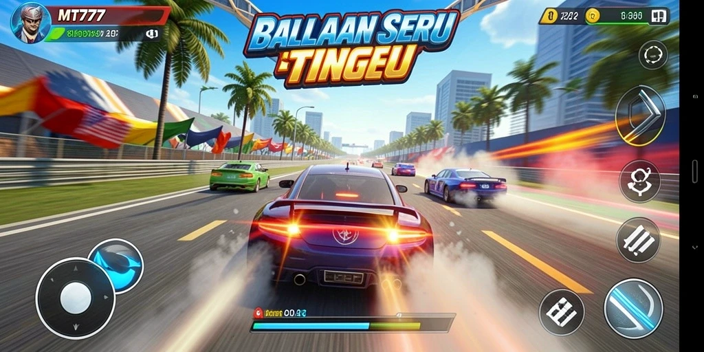 Screenshot MT777 menampilkan balapan seru dengan mobil cepat di trek yang menantang.