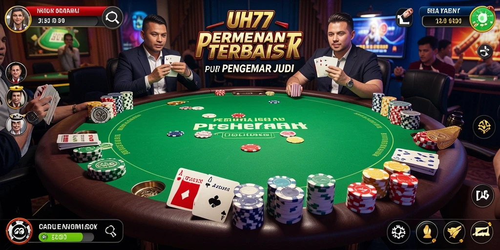 Tampilan utama UH77 dengan gameplay poker yang seru dan menghidupkan suasana kasino.
